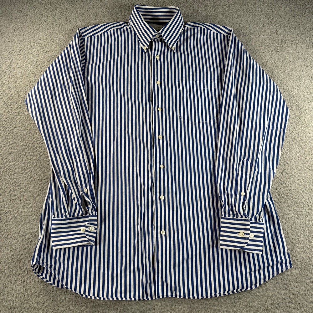 Maus & Hoffman Shirt Mens Large Blue White Stripe Cotton Button Down Made In USA